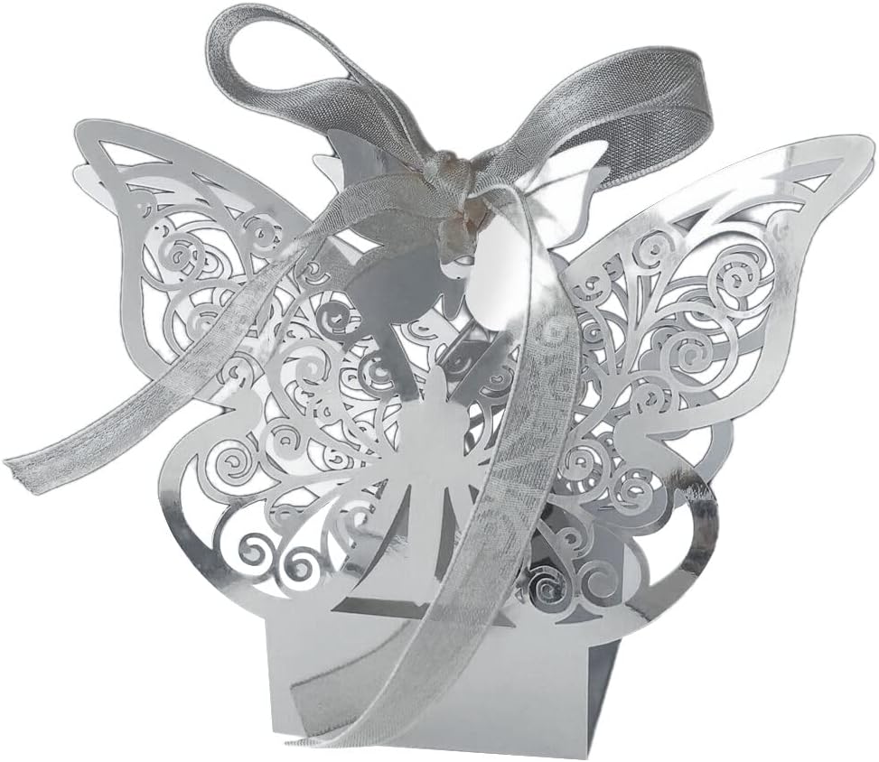 Assembled dark silver butterfly favor box with a ribbon