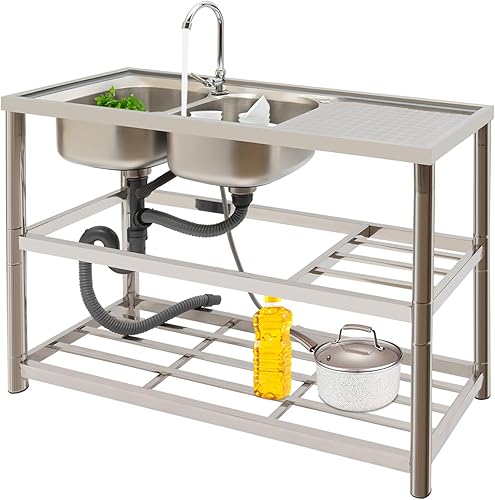 Fregadero de acero inoxidable de doble tazón, juego de fregadero de cocina de restaurante comercial con grifo y escurridor, lavabo de mano con banco