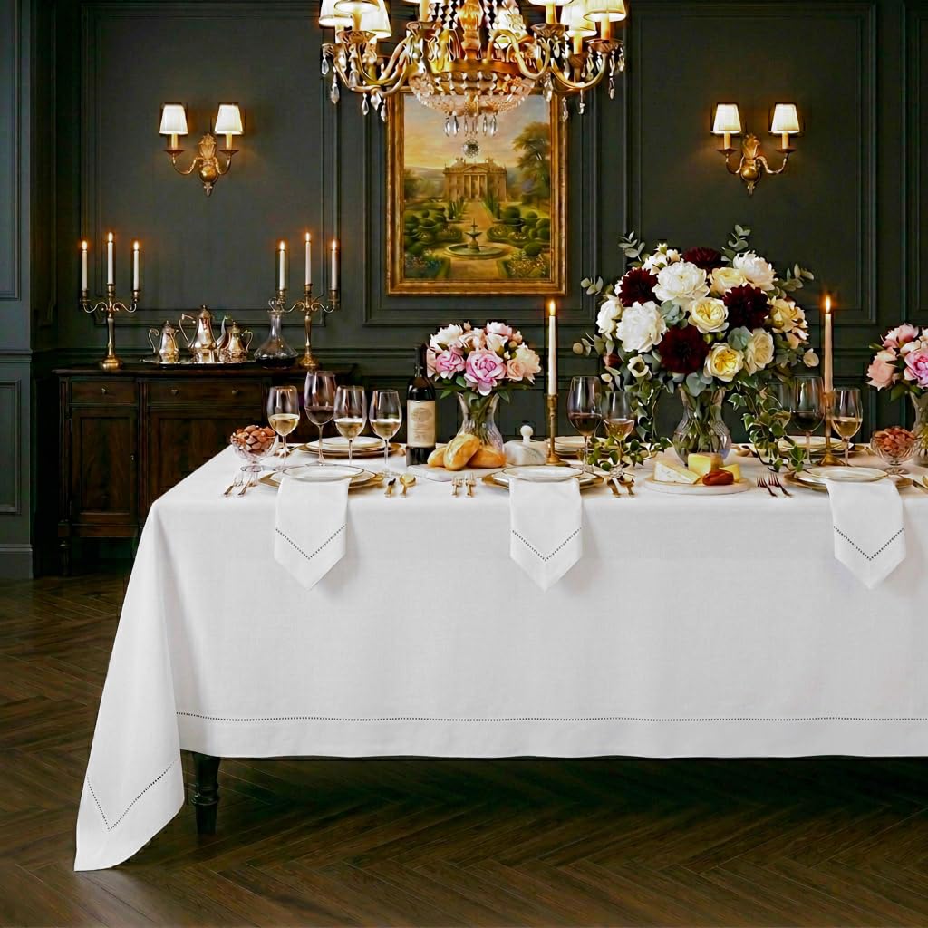 Signature Linen™ by D'Moksha White Tablecloth, Dining Tablecloth 150 x 225 cm, 100% Pure Linen, Hemstitch, Machine Washable Table Cloth for Dining- Summer