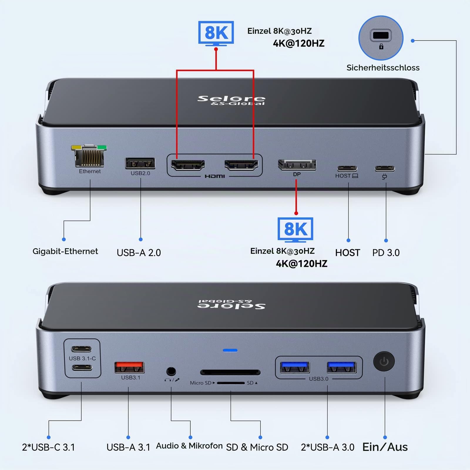 USB C Docking Station 3 Monitore, 15 in 1 Laptop Dockingstation mit 8K@30Hz DP & Dual HDMI, 4K@30Hz Triple Display für DP1.4, 10Gbps USB 3.1&2 USB C, 2 USB3.0, USB2.0, 100W PD, RJ45, SD/TF, Audio