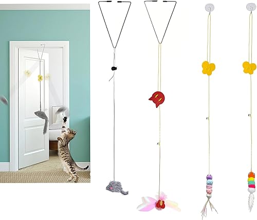 GUCHO Juguetes para gatos de interior, juguetes de varita de gato arco iris, bola de felpa con volteos, juguete interactivo de pluma real para jugar