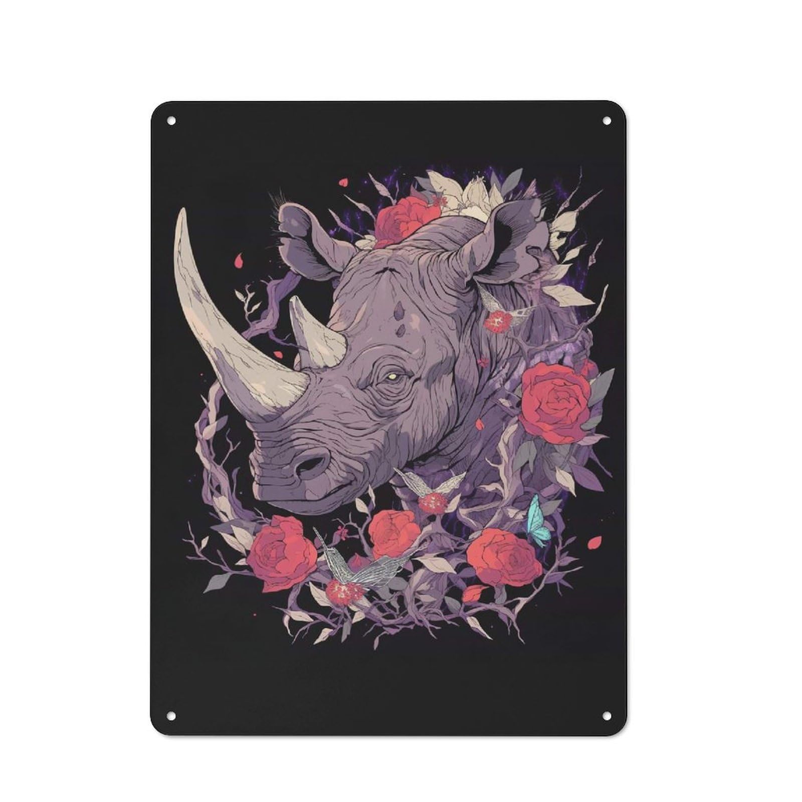Junmoney Style-18 40X30cm Retro Tin Sign With Floral Rhino Illustration On Black Background For Living Room Wall, Housewarming Present For People Styling Living Room