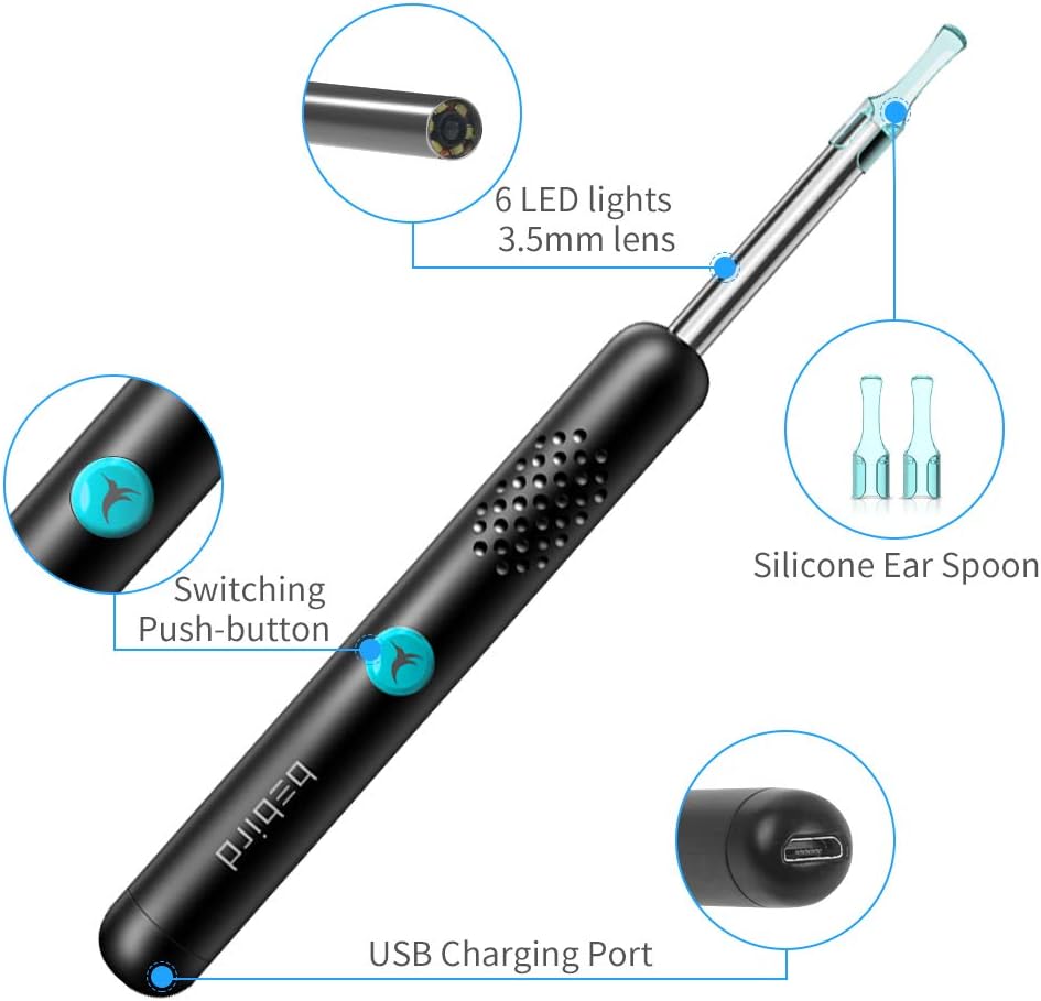 BEBIRD Ear Wax Remover Endoscope,1080P FHD Wireless Ear Camera,Ear Cleaner,Ear Wax Removal Tool with 6 LED Lights Compatible with iPhone,iPad,Android Smart Phones for Adults Kids (Black)