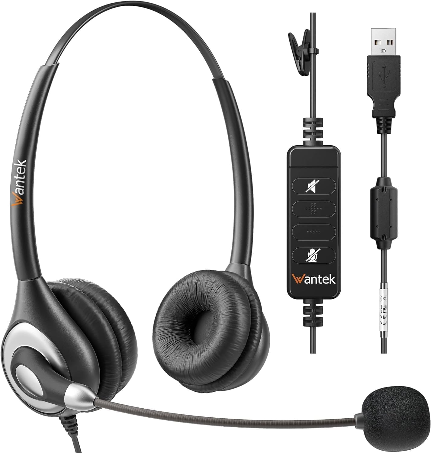 Wantek USB Headset with Microphone Noise Cancelling, Stereo PC Headphone for Laptop Computer SoftPhone Skype Webinar Office Business Call Center, Audio Controls, Clear Chat, Ultra Comfort