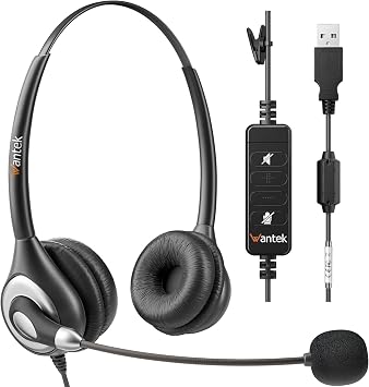 Wantek USB Headset with Microphone for PC Laptop Computer Headsets with Microphone Noise Cancelling Business Office Work Headsets with Inline Volume Control