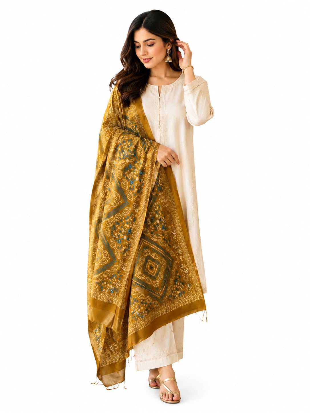 Mustard Yellow Bandhani Print Dupatta with Sequin Work-image-45
