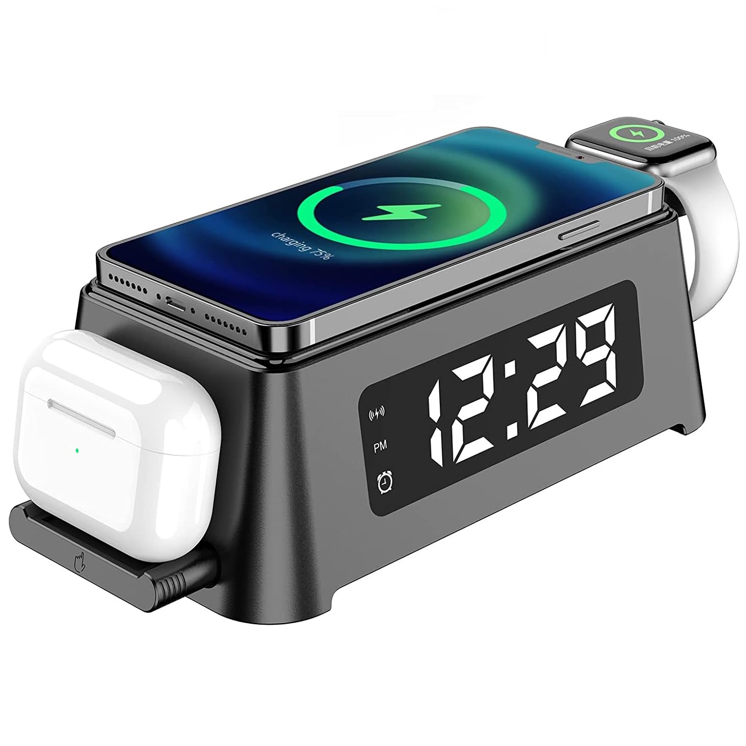 Sveglia con caricatore wireless con luce LED e stazione di ricarica rapida da 15 W per iPhone e Samsung (nero)