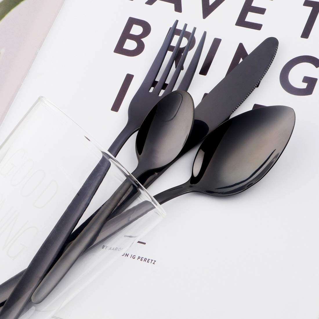 Buyer Star - Set di posate in acciaio inox, stile classico, sottile, nero, per ristorante e hotel, servizio da tavola lucidato, per 6 persone