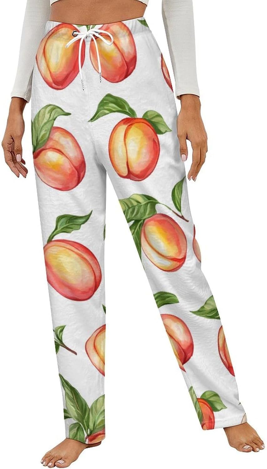 Peaches with Leaves Flannel Pajama Pants Women Soft Fleece Sleep Pj Lounge Bottoms