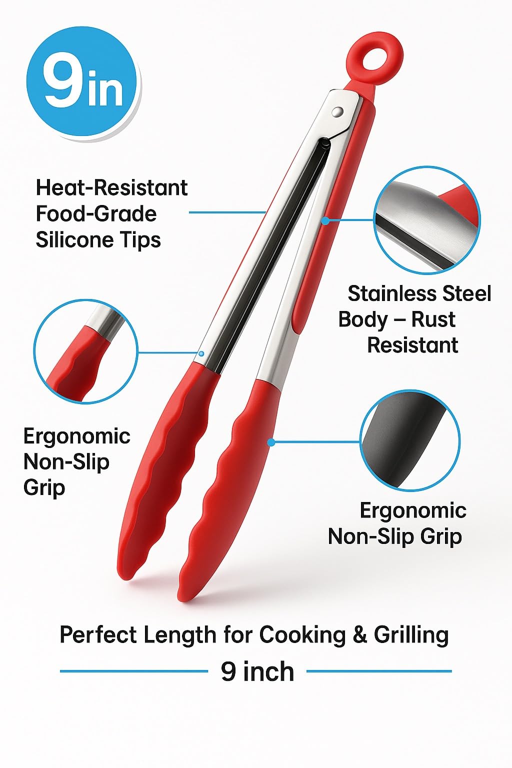 9" Nylon Kitchen Tongs Heat Resistant Non Slip Grips Stainless Steel Locking Serving Tongs for Cooking BBQ Frying Salad Pasta Baking Grilling Food Tong Utensil Dishwasher Safe Easy Control Green — view 2