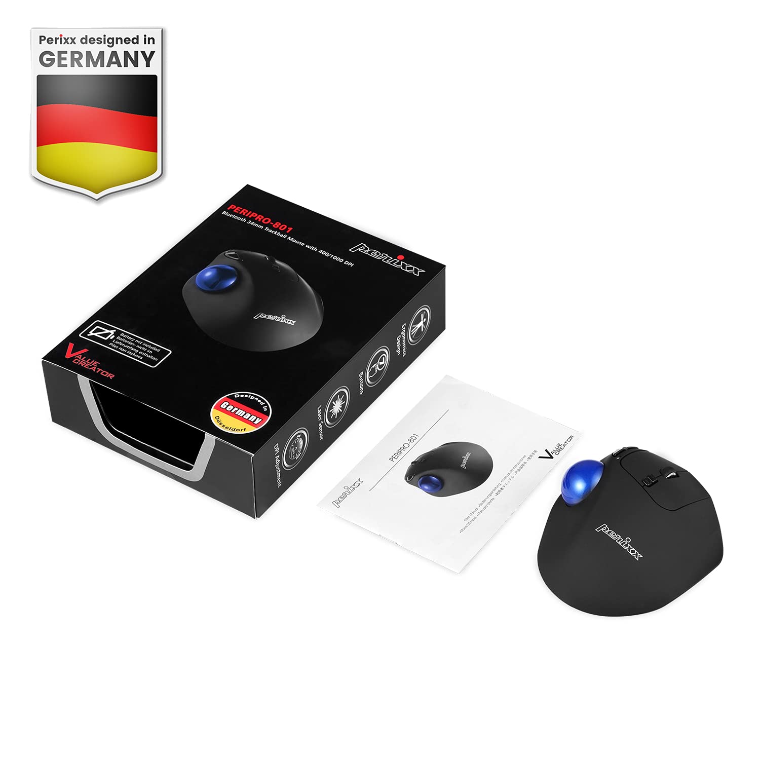 Perixx PERIPRO-801 Ratón Trackball Bluetooth, Diseño Trackball de 3,4cm, 2 Niveles dpi, Negro
