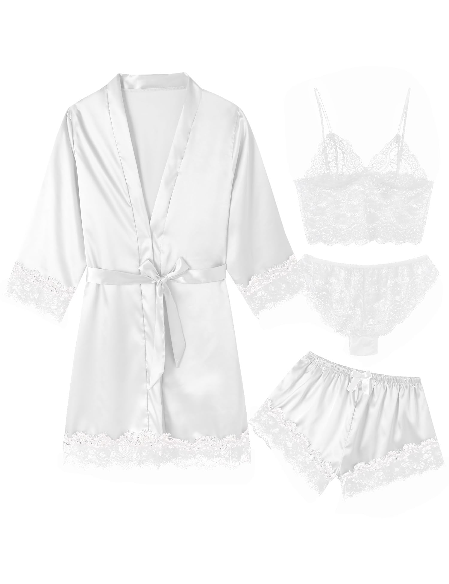Women's Pajama Satin Sexy Lingerie Robe Set 4Pcs Pjs Silk Sleepwear Lace Cami Shorts Loungewear