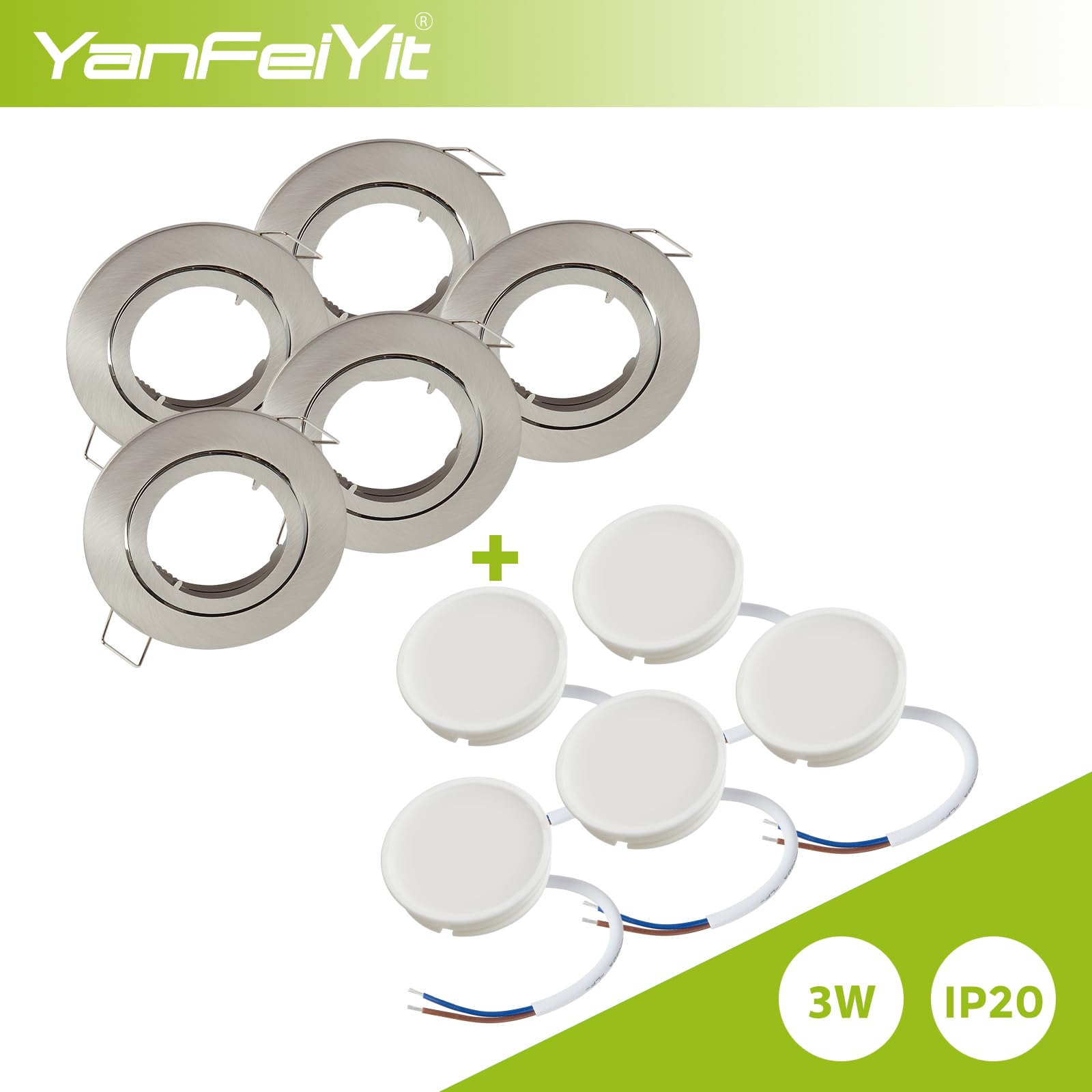 5 faretti a LED da incasso, 3 Watt, luce bianca calda, 230 V, dimmerabile, modulo GU10, orientabile, diametro foro 68 mm, montaggio a soffitto