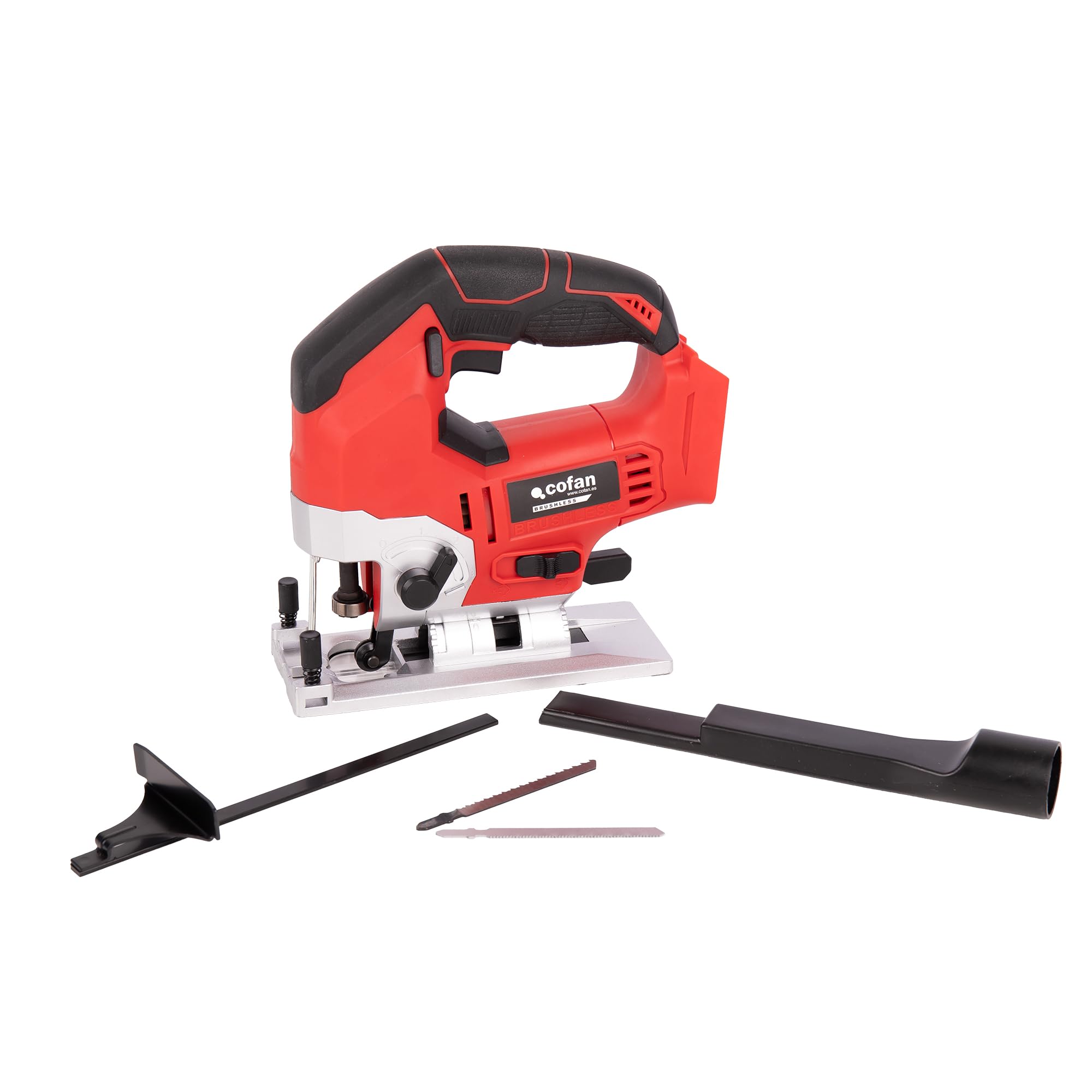 Cofan Sierra de calar a batería | Potencia: 20 V | Motor sin escobillas | Velocidad variable 0–3000 rpm | Acción pendular | Corte inclinado ±45° | Batería y cargador no incluidos