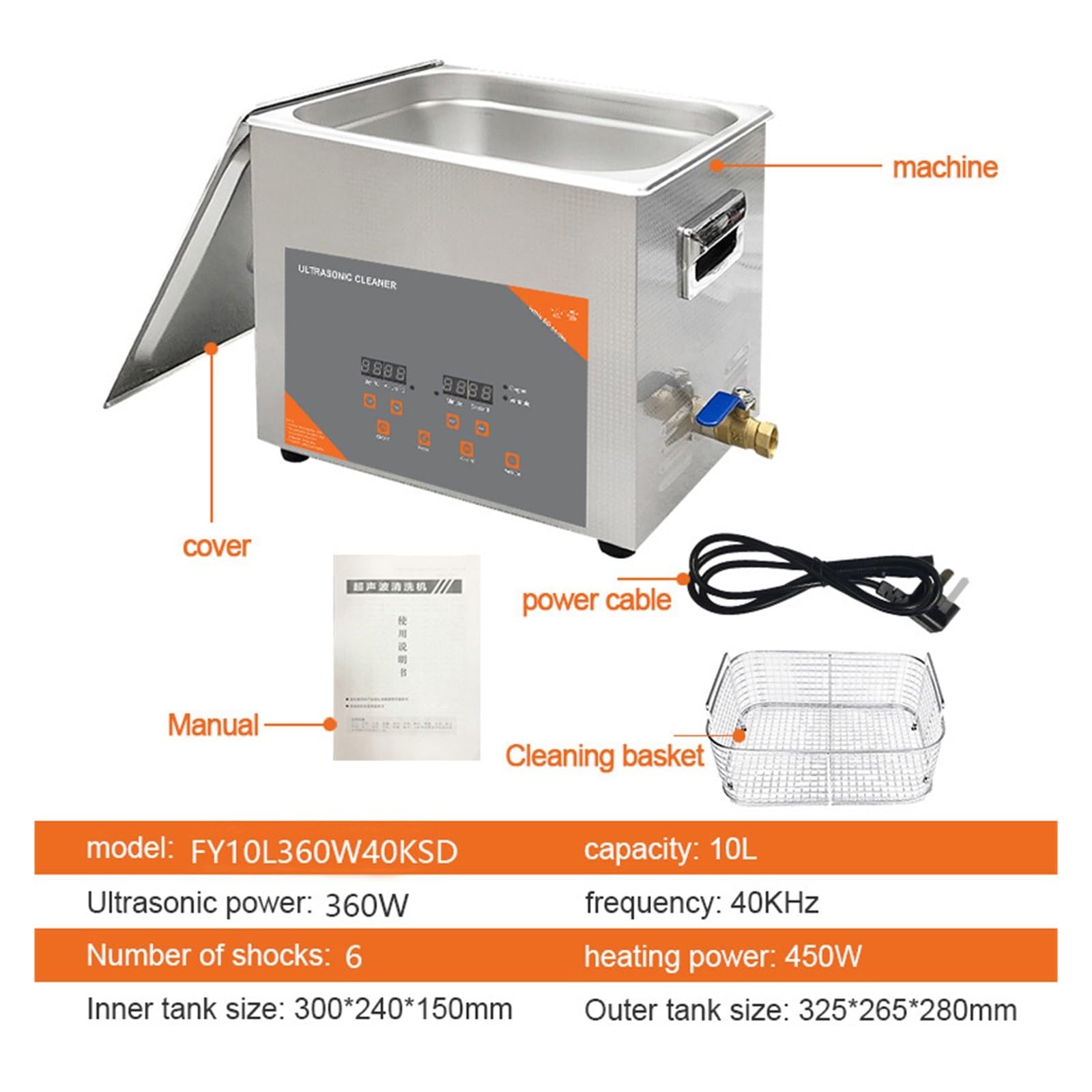 Ultraschallreiniger, 10L 240W Digitaler Ultraschallreiniger, Beheizt For Labor, Bio-Apotheke, Medizinische Instrumente, Leiterplatten-Hardware, Lager, Textildruck(10L 360W)