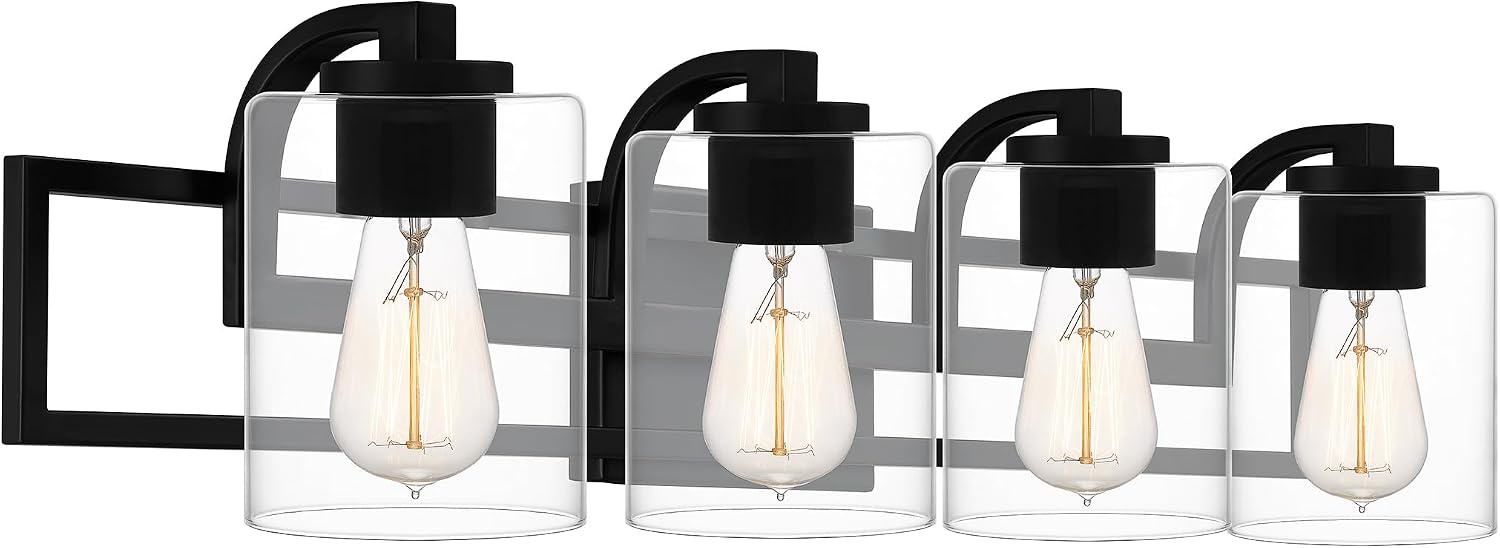 Quoizel Lansdowne Modern Bath Vanity Lights, 32 Inch 4-Light Matte Black Lighting Fixtures Over Mirror, Clear Glass Shade, 100W, Decorative Wall Light for Bathroom, Dresser, Kitchen or Hallway
