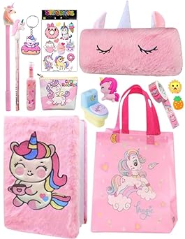 Le Delite unicorn fur diary for girls, furry notebook for girls with fur pencil box, pen, bullet pencil, eraser,sharpener,keychain I combo gift pack of 10 items