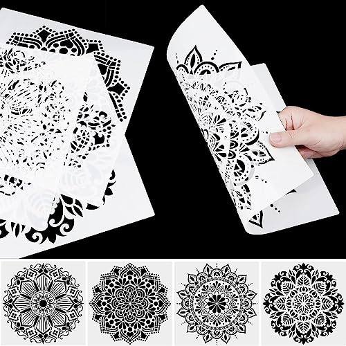 4 Stück Groß Mandala Schablonen, Mandala Wand Schablonen, Schablonen Zeichnen Set, für Scrapbooking Zeichnung Verfolgung DIY Möbel Boden Dekor Wände Fliesen Holz Stein Scrapbook (Groß Weiß)