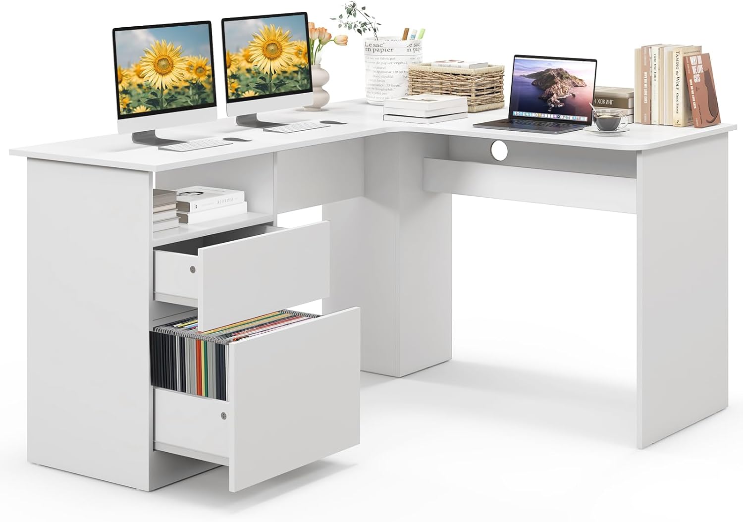 GOFLAME L-Shaped Desk, 59" Corner Computer Desk with File Drawer & Open Shelf, Large Workstation w/ 2 Cable Management Holes, Writing Study Desk for Home Office, White