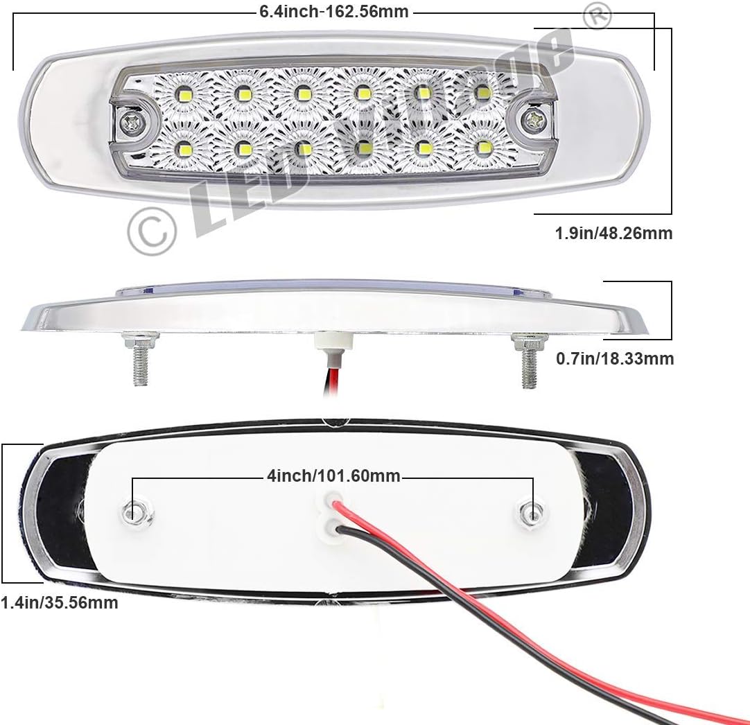 20x 12V DC Rectangle 6.4 Inch Clear Lens Red Super Bright LED 12 SMD Clearance Lamp Flush Mount Side Maker Lights Chrome Bezel Trailer RV Truck Universal (20 pcs)