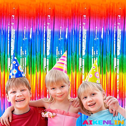 Image of 4 Pack 3.2Ft x 8.2Ft Rainbow Foil Fringe Curtain Backdrop, Colorful Metallic Tinsel Foil Fringe Streamers Curtains Background for Photo Booth, Birthday, Wedding, Halloween, Christmas Party Decoration