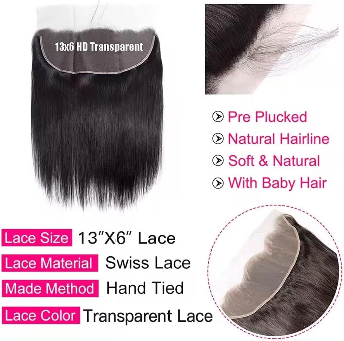 MYouan 13x6 Ear to Ear Lace Frontal Human Hair Straight Wave 150% Density 18inch HD Transparent Lace Frontal Closure Pre Plucked With Baby Hair 12A Frontals Human Hair for Women - Image 4