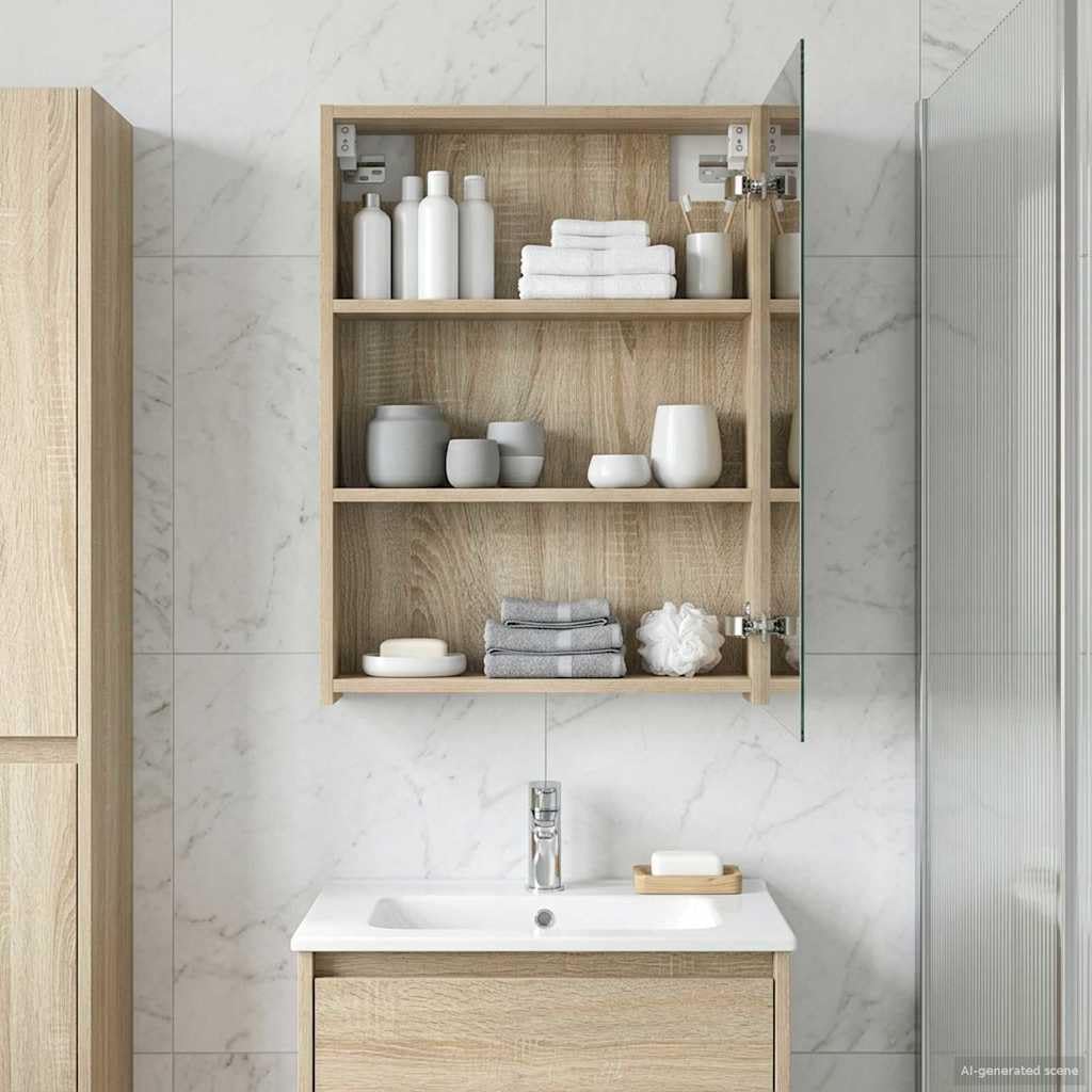 Szafka łazienkowa z lustrem Sonoma z drewna dębowego, 50 x 14,5 x 70 cm, montowana na ścianie, z dwoma półkami, drzwiczkami z zawiasami, schowkiem do łazienki, umywalki, przechowywania i