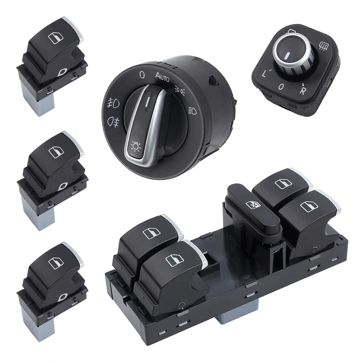 set da 6 interruttori per alzacristalli, fari e luci cromati per VW Golf 5 6 Passat 3C, compatibili con OEM: 5ND959857 5ND941431B 5ND959565A 5ND959855