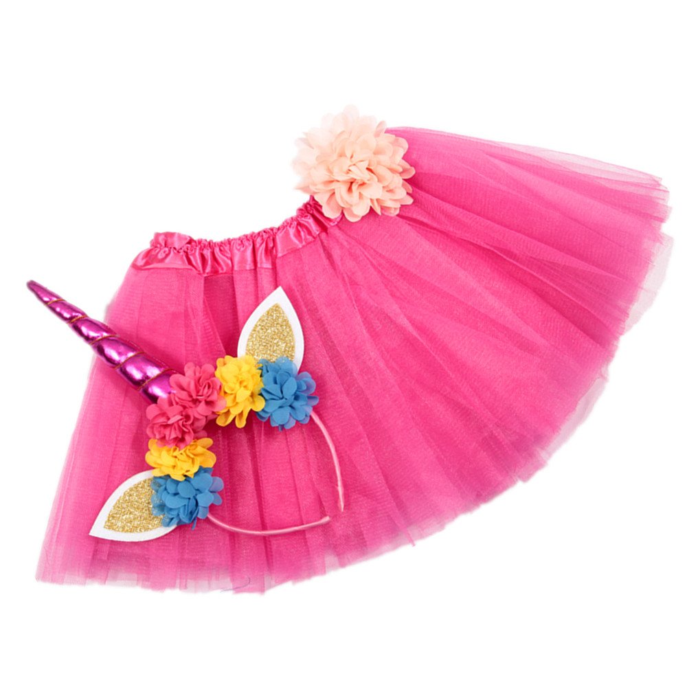 Nishine Rose Red Tutu Skirt Dress + Unicorn Horn Headband Set Kids Birthday Photo Props Outfit