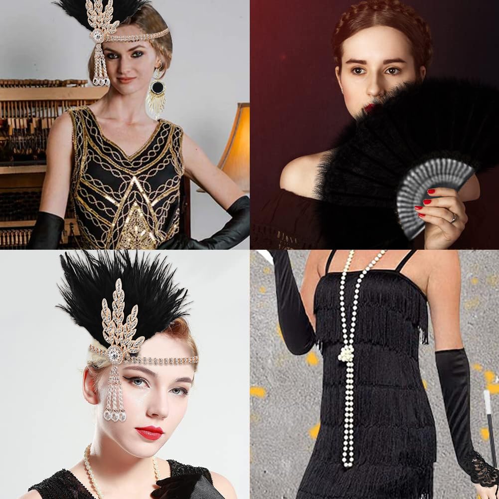 1920er Jahre Flapper Accessoire Set Für Damen - Stirnband, Ohrringe, Handschuhe, Perlenkette & Halter, Gatsby Party Kostümzubehör