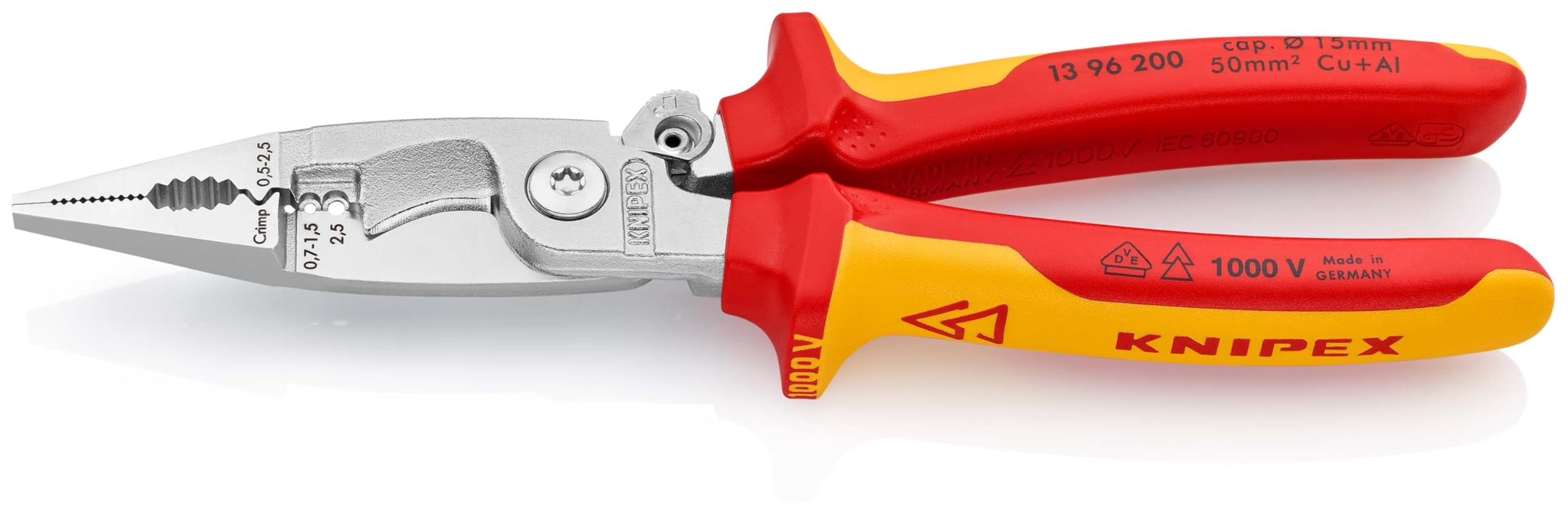 KNIPEX Elektro-Installationszange, VDE, Öffnungsfeder, Kabelschneiden, Abisolieren, Crimpen von Aderendhülsen, Greifen, Biegen, Multitool, 13 96 200