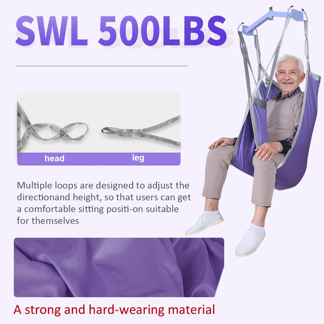 Eslinga de elevación dividida para pacientes con soporte de espalda baja, capacidad de transferencia de 500 libras para levantar e ir al baño de forma segura, ajuste universal reforzado de