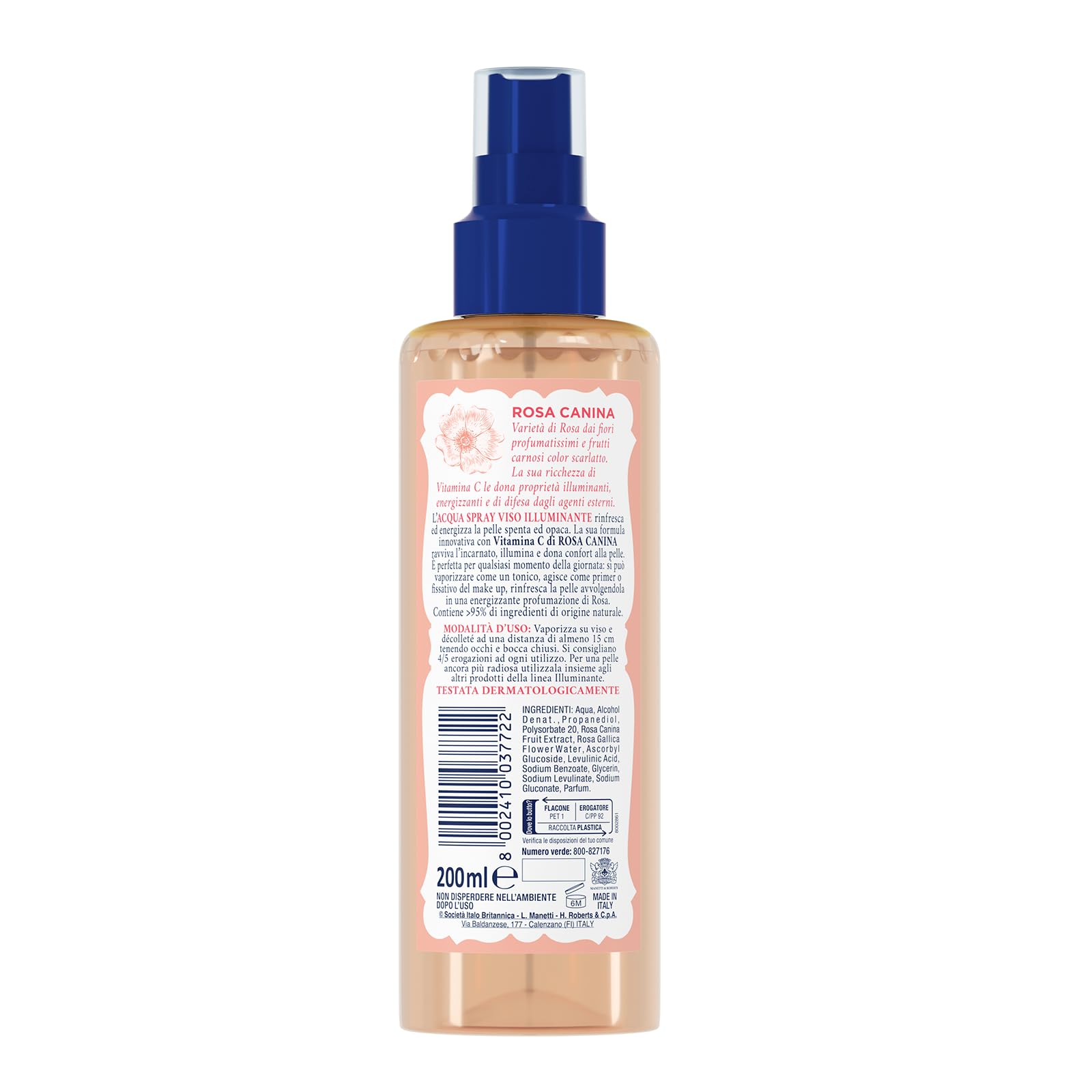 Acqua alle Rose, Acqua Spray Viso Illuminante, Ottima per Pelli Spente e Opache, Rinfresca ed Energizza la Pelle, con Vitamina C di Rosa Canina, 200 ml