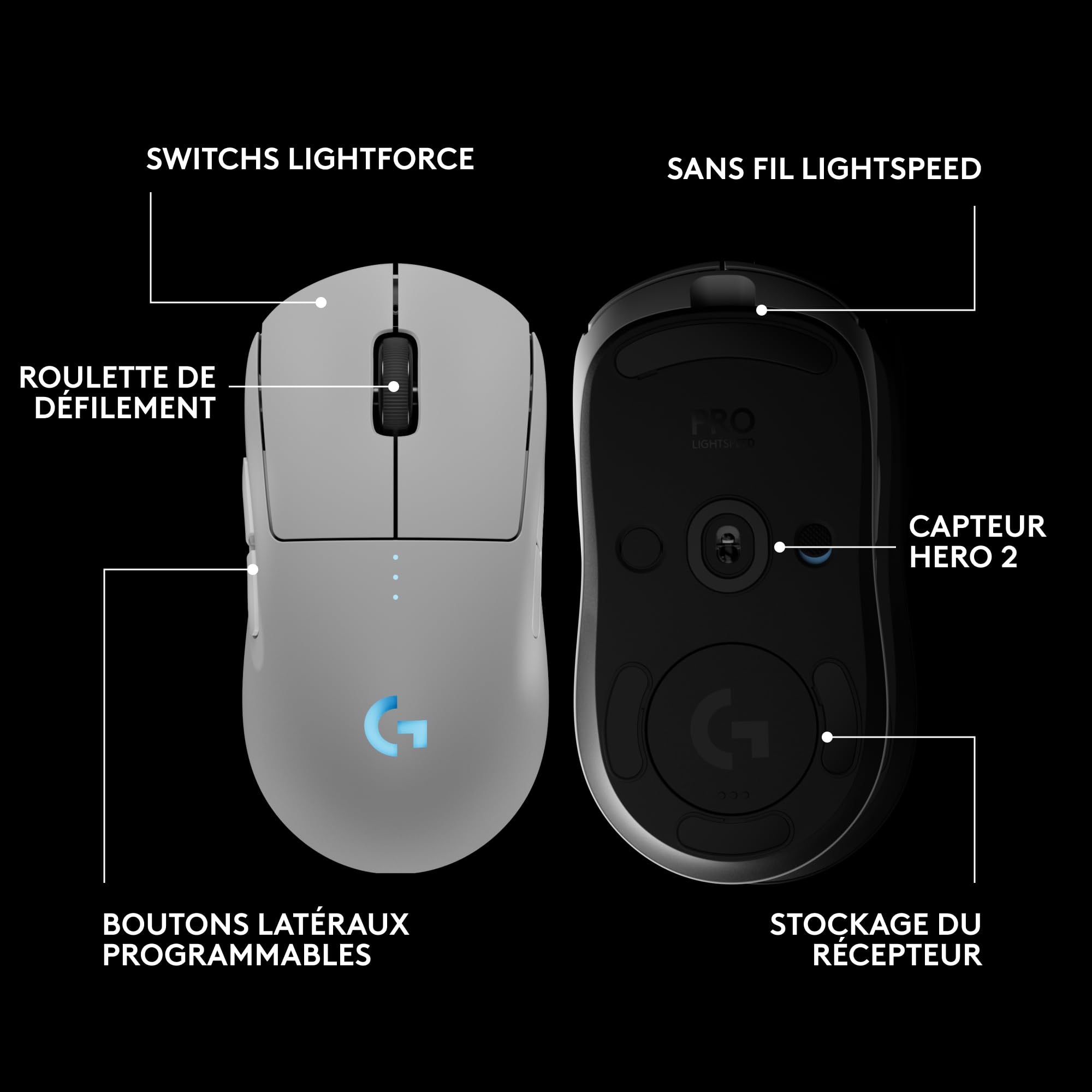 Logitech G Souris de Jeu sans Fil Pro 2 Lightspeed, jusqu'à 4 Boutons latéraux magnétiques Personnalisables et commutables, Chargeur USB-C, capteur 32k DPI pour pour PC/Mac.