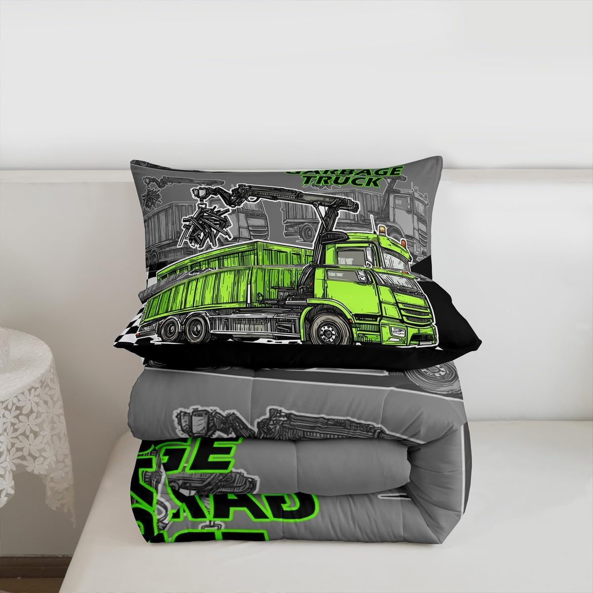 Garbage Truck Kids Comforter Set Queen Size,Green Rubbish Car Bedding Set,Girls Boys Adults Room Decor,Geometric Checkerboard Patchwork Down Comforter,Black White Chic Duvet Insert,2 Pillowcases