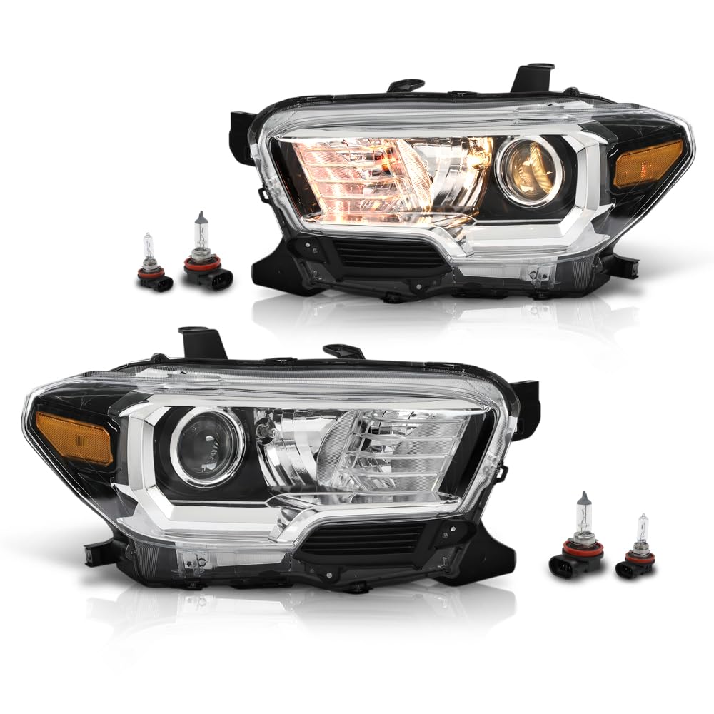 GRAND ORANGE Headlight Assembly W/O LED Daytime Running Light Front Headlamp Left &amp; Right Side Compatible with Toyota Tacoma 2016-2017 Clear Lens Black Housing OE Replacement Halogen Type