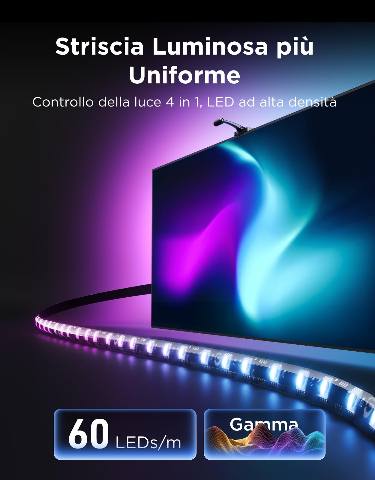 Govee LED TV Retroilluminazione 3 con Doppia Telecamera da 4 MP, Striscia LED RGBWIC 3,6 m con Sincro Schermo per TV da 55-65 Pollici, 60 LED/m, Filtro AI, Comando App/Voce, Compatibile Matter/Alexa