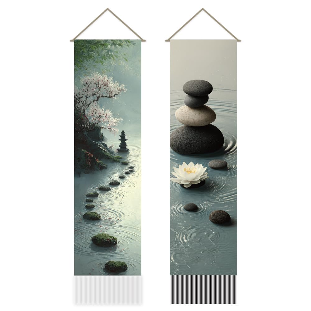 AHANDMAKER 2Pcs Zen Lotus Tapestry, Water Stone Long Vertical Wall Hanging, Tassel Wall Tapestry Decor Mystic Aesthetic Decorations for Bedroom and Living Room (45.7x13 Inch)