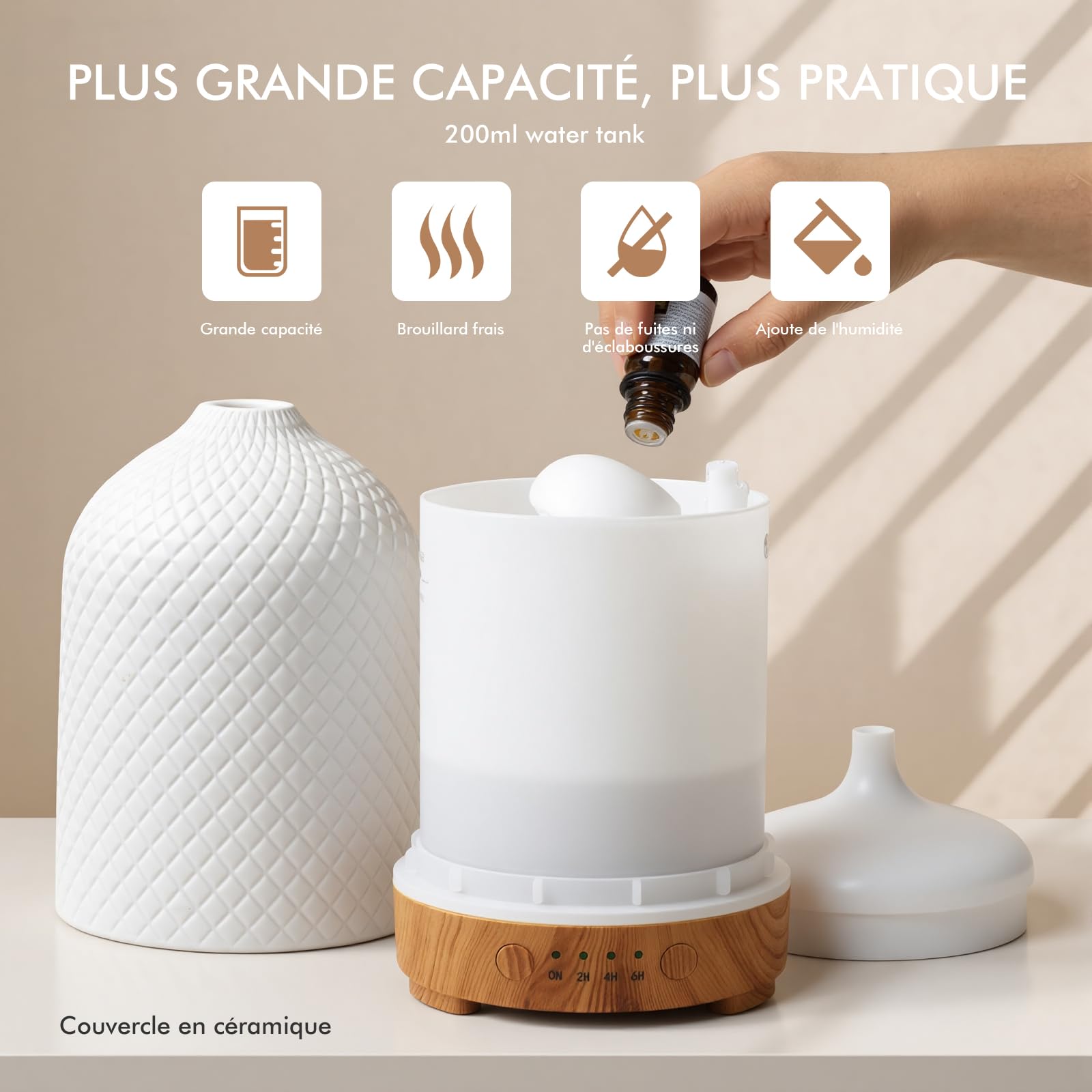 Diffuseur D'huiles Essentielles Diffuseur Electrique Ultrasonique Aromathérapie en Céramique 200ML avec Minuterie D'arrêt Automatique De 7 Couleurs pour Appartement Bureau Maison Yoga Cadeaux