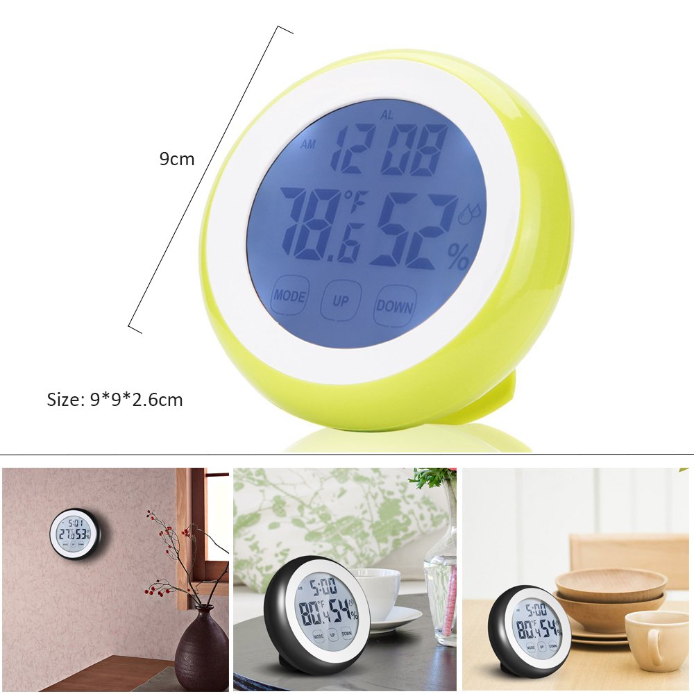LAFEINA Digital Thermometer Hygrometer Clock, Temperature Humidity Monitor Alarm Clock Touch Screen with Backlight Magnetic Back for Home Office Baby Room (Yellow)