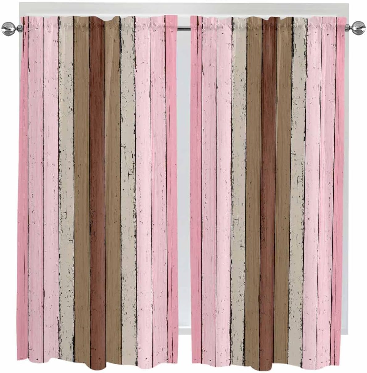 Farmhouse Yellow Brown Bathroom Window Curtain, Vintage Country Wooden Light Filtering Coffee Kitchen Curtains, Bedroom Living Room Curtains 2 Panel 84"x54"