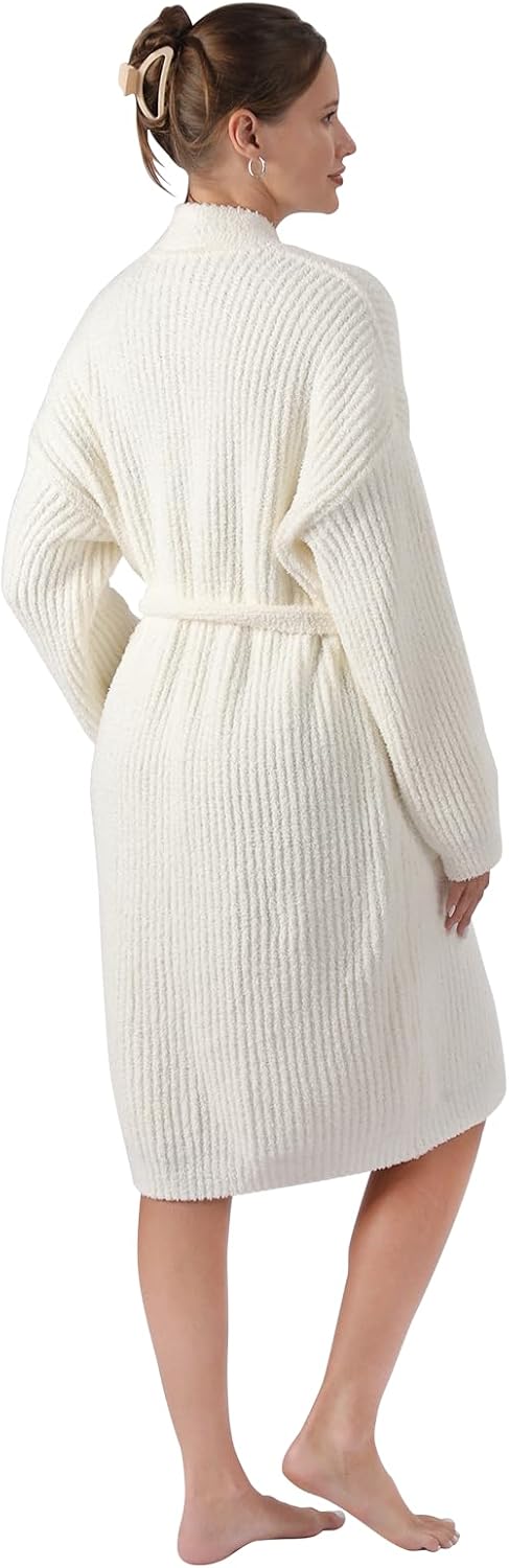 bearberry Cozy Robe Lightweight Soft Plush Robe Vertical Bar Hoodless Sleepwear Nightgown with Pockets for Women - Image 3
