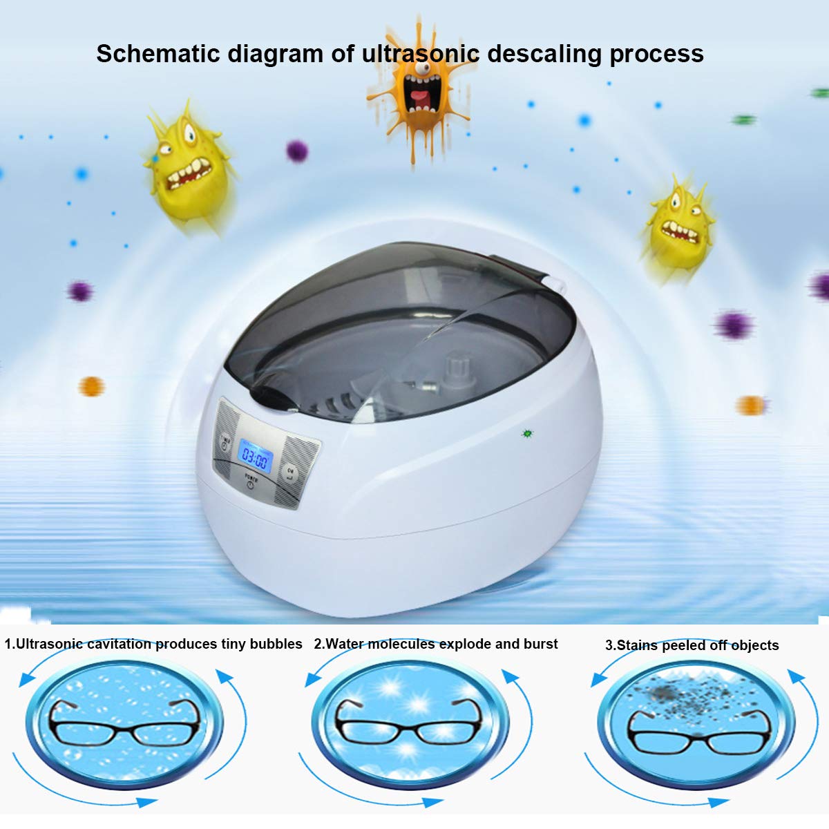 JHM-Pulitore Ad Ultrasuoni Gioielleria Protesi Cleaner Machine 750ML 43000Hz, Ultra Sonic Cleaner con Supporto per Orologio per Pulizia Collane Anelli Occhiali Orologi Monete Rasoi