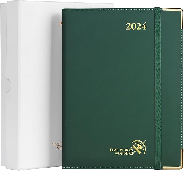 POPRUN Premium Diary 2024 Week To View (22.3 x 16.9 cm) - A5 Hardback Week Planner 24 for Appointment Packaged in a Gift Box, Monthly Tabs - Foest Green
