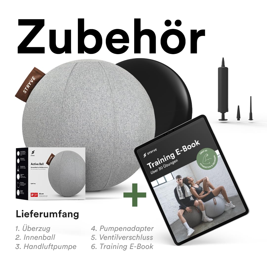 STRYVE Sitzball Büro 65,70cm - 100% Merinowolle - Ergonomischer Gymnastikball mit waschbarem Bezug und Wegrollschutz, inkl. Luftpumpe - Bis 150kg - Als Bürostuhl, Hocker (Wollfilz Light Grey, 65cm)
