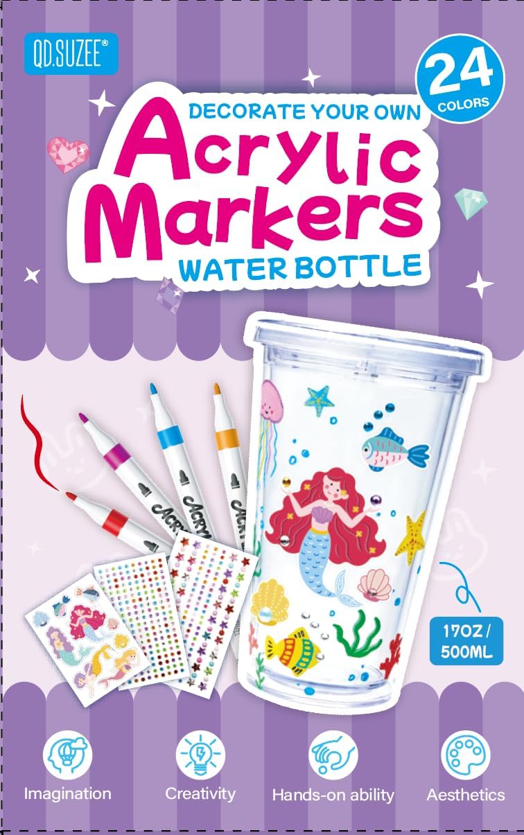 QD.SUZEE Decorate Your Own Water Bottle Kit with 24 Colors Acrylic Paint Markers & Mermaid Stickers,Non-Toxic Painting Kit Arts and Crafts Toys for Girls Kids Ages 8-12,Birthday Easter Gifts