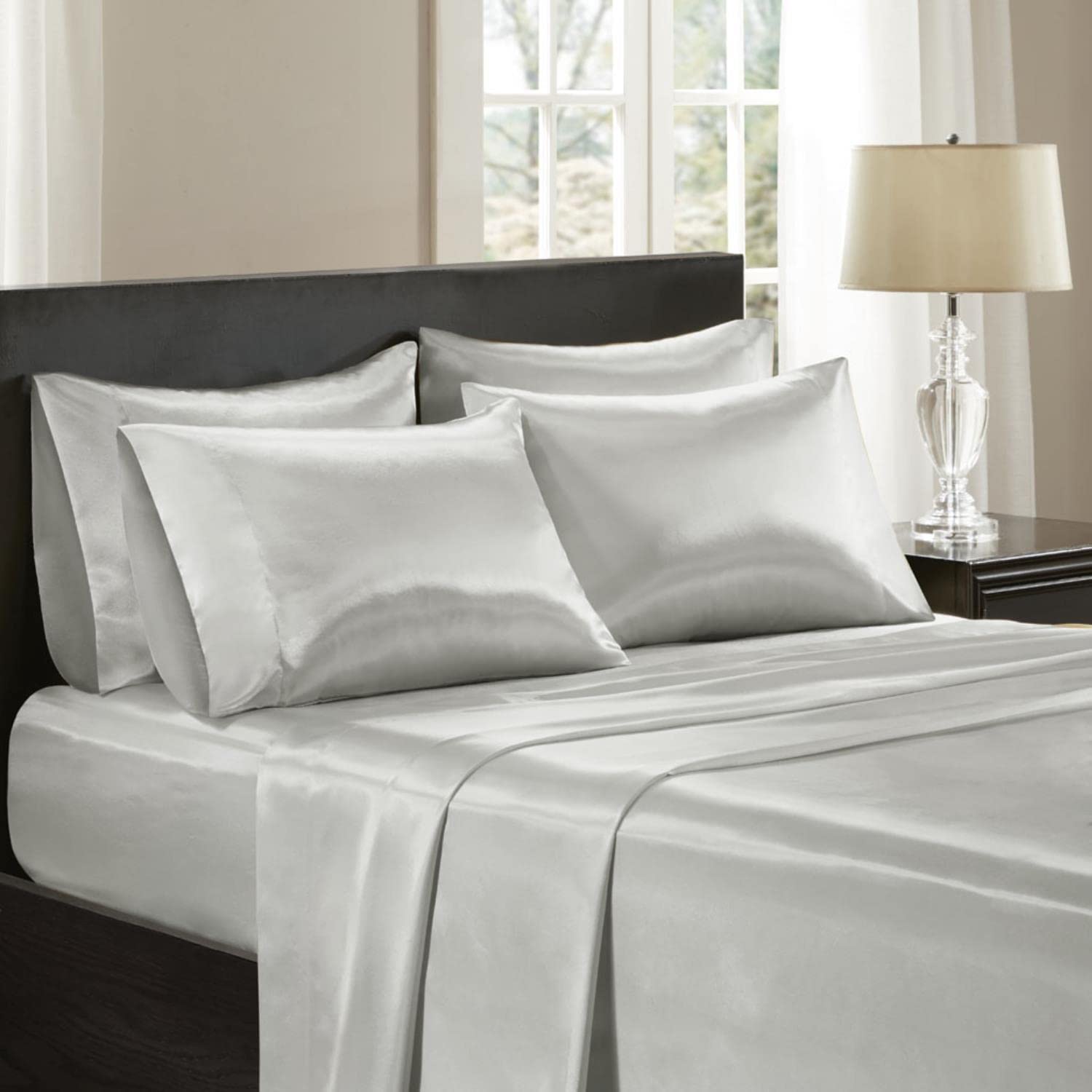 Madison Park Essentials Satin Sheet Set Luxury and Silky with Natural Sheen, Elastic 14" Pocket fits up to 16" Mattress, All Around Elastic - Year-Round Bedding, King, Light Grey, 6 Piece