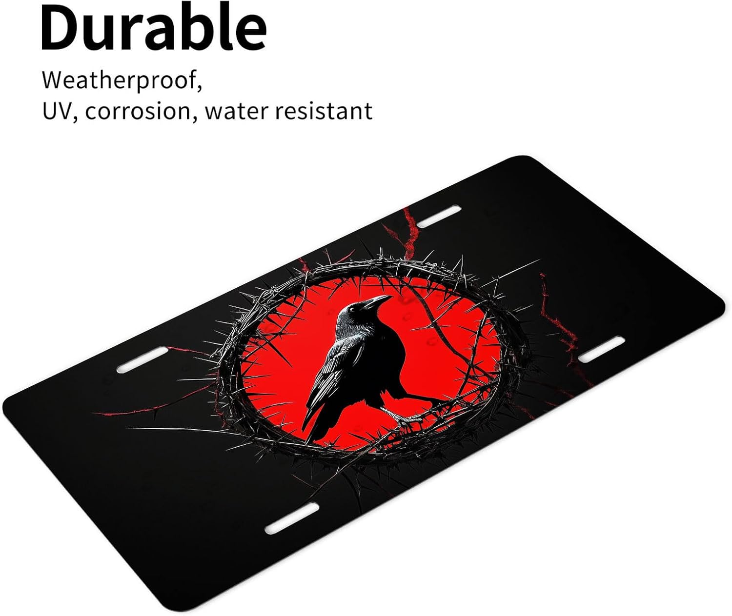 Dark Raven Front License Plate for Women Red Black Thorn Circle Gothic Crow Car Vanity Plates Decorative Aluminum Metal Cute Novelty License Plate Cover for Men 6x12 Inch (4 Holes)