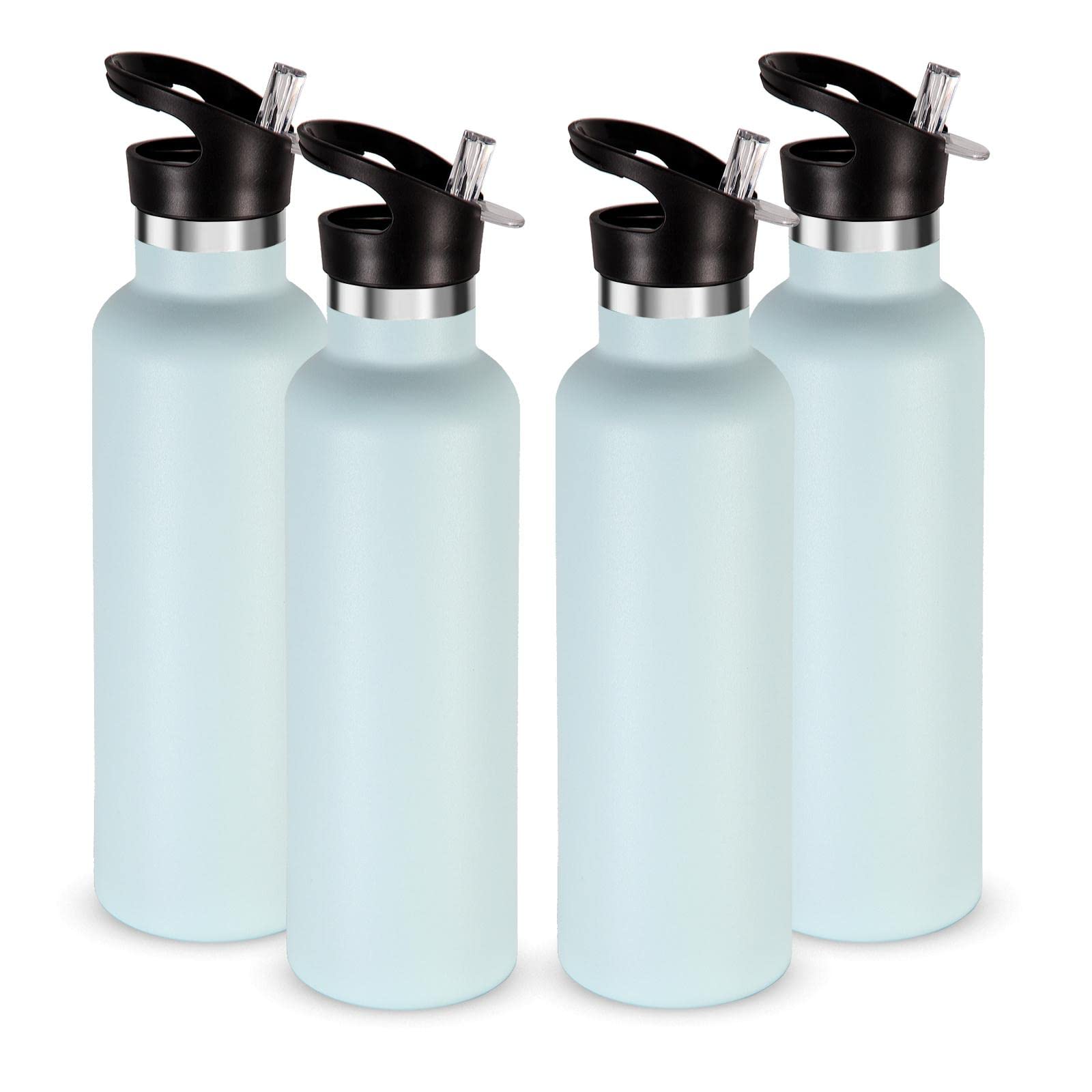 Volhoply 750ml Insulated Water Bottles Bulk 4 Pack,Stainless Steel Double Wall Sport Bottle with Straw Lid,Metal Reusable Cup with Hand Cap for School,Cyclists,Hikers,Gift (Fog, 4)