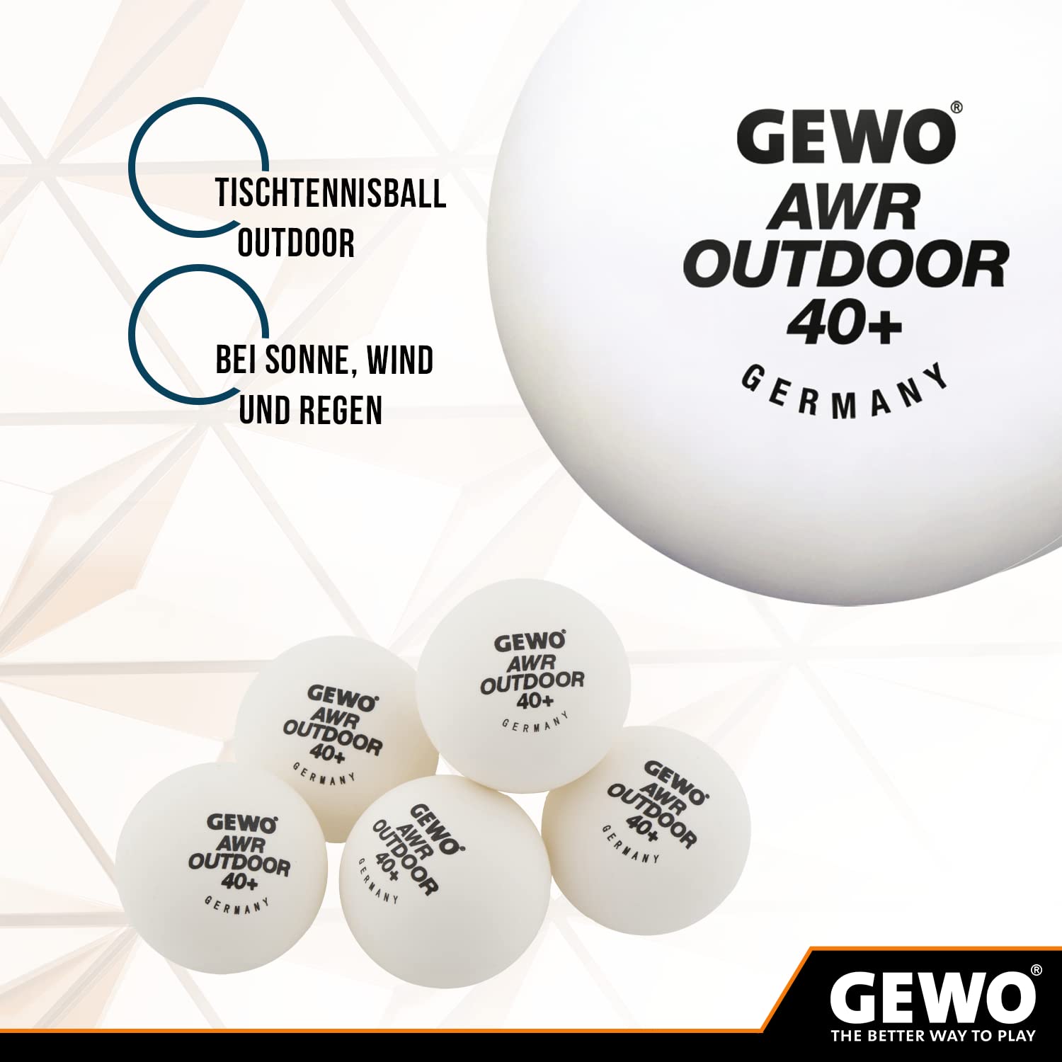 GEWO AWR Outdoor 40+ piłka do tenisa stołowego – wodoodporne plastikowe piłki do gry na zewnątrz – wysokiej jakości, odporne na warunki atmosferyczne.